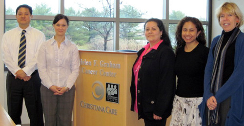 Researchers visit the Helen F. Graham Cancer Center for The Cancer Genome Project training: (from left)  Stephen Suh, Ph.D., John Theurer Cancer Center ‘s director of genome and biomarkers program; Tania Zielonka and Yvonne Remache, Theurer Cancer Center; Carol Robles MS, PA(ASCP), University of Maryland Medical System; and Teri A. Longacre, M.D., associate director of surgical pathology, Stanford University School of Medicine. 
