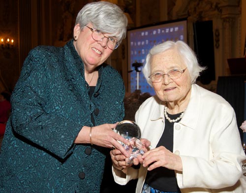 Delaware Academy of Medicine President Kathleen McNicholas, M.D., JD (left), presents the President’s Award to Katherine L. Esterly, M.D., at the Academy’s annual meeting in April at the Hotel du Pont.