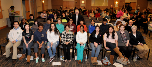 Timothy Gibbs, MPH, executive director of the Delaware Academy of Medicine, with students attending the 6th Annual Mini-Medical School at Christiana Care.