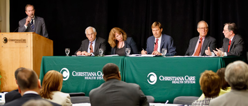 Robert J. Laskowski, M.D., MBA, Christiana Care president and CEO, leads a panel discussion at Christiana Care's 2nd annual Value Symposium, featuring Don Berwick, M.D., Bettina Riveros; Stephen J. Kushner D.O., FAAFP; former Delaware Gov. Pierre S. “Pete” du Pont IV; and Timothy J. Gardner, M.D.