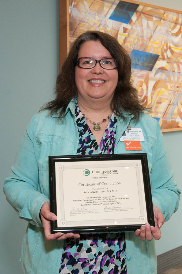 Felicia Kelly-Trent, MS, MLS, received a certificate of completion for the ACT Facilitator training program.