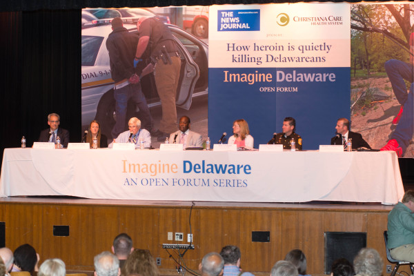 The panelists at the Imagine Delaware forum were (left to right) Michael Marcus, M.D., interim psychiatry chair at Christiana Care; Stephanie King, a 24-year-old recovering heroin addict from Pike Creek; don Keister, co-founder of atTAck Addiction; James Harrison, operations director at Brandywine Counseling and a recovering heroin addict; New Castle County Police Chief Elmer Setting; Delaware Health and Social Services Secretary Rita Landgraf; New Castle County Police Chief Elmer Setting; Michael DellaCorte, special agent in charge of the Drug Enforcement Agency for Delaware and Pennsylvania. 