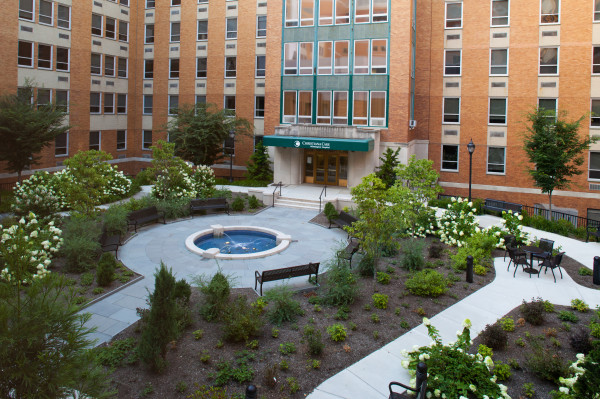 The Healing Garden is a place of tranquility and relaxation, but it also is a place for healing. Varied surfaces along steps and walkways provide an environment in which therapists can work with patients who are learning to walk with assistive devices or regaining their mobility when recovering from surgery or an injury.