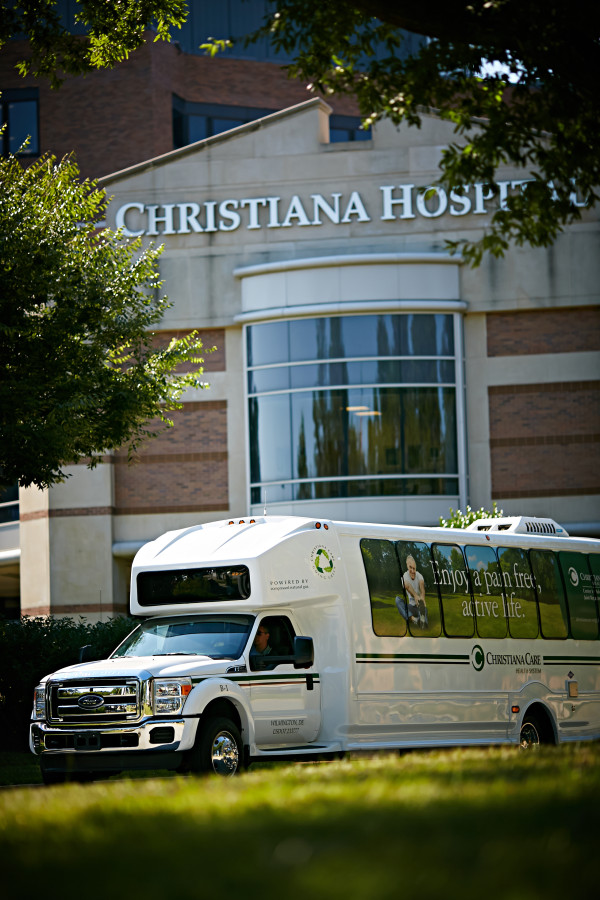 The low-emission shuttle buses transport patients and visitors between Christiana Care's two hospital campuses throughout the Christiana campus, which includes the hospital, Surgicenter, medical arts pavilions and the Helen F. Graham Cancer Center & Research Institute.