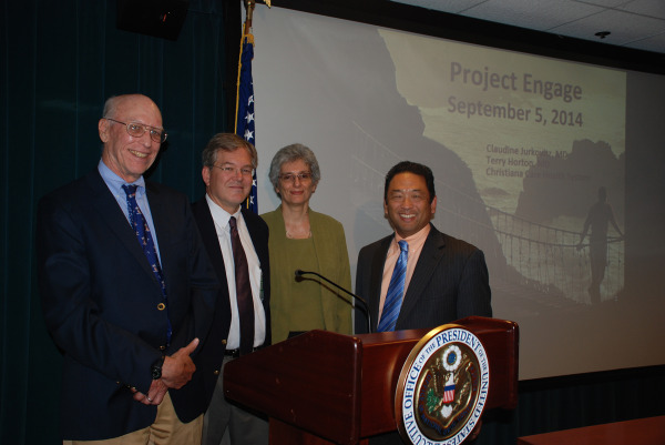 Presenting on Project Engage at the White  House: George E. Woody, M.D., professor in the Department of Psychiatry at the University of Pennsylvania and a collaborator with Project Engage; Terry Horton, M.D.; Claudine Jurkovitz, M.D., MPH; and David K. Mineta, Deputy Director of Demand Reduction for The White House Office of  National Drug Control Policy.