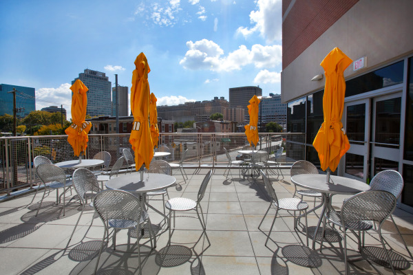 The Blue Granite Cafe features balcony seating that overlooks the skyline of downtown Wilmington.
