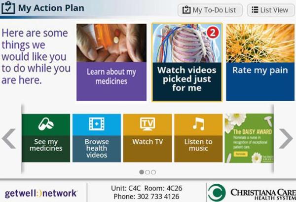 The new user interface for Christiana Care's GetWellNetwork includes information customized for each individual patient's needs.