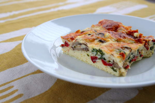 Egg bake with sautéed mushrooms, spinach and roasted red pepper.