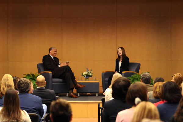 Edmondo Robinson, M.D., MBA, senior vice president and executive director, Wilmington Campus, and associate chief medical officer, interviews patient Advocate Morgan Gleason at the 12th annual Focus on Excellence Awards.