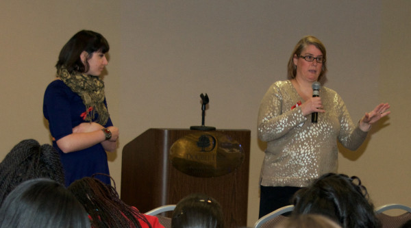 Christiana Care nurse midwife Elizabeth Sushereba, CNM, and OB-GYN resident Victoria Greenberg, D.O., answer questions from the audience after their talk.
