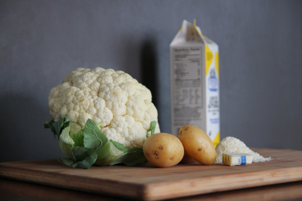 Ingredients for the mashed topping: cauliflower, potatoes, buttermilk, Parmesan cheese and butter.