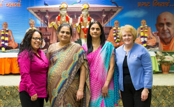 Christiana Care outreach navigator Joceline Valentin, Anjana Pandya, Chhaya Patel and Nora Katurakes, MSN, RN, OCN, Cancer Outreach and Education manager on a recent Sunday at the temple
