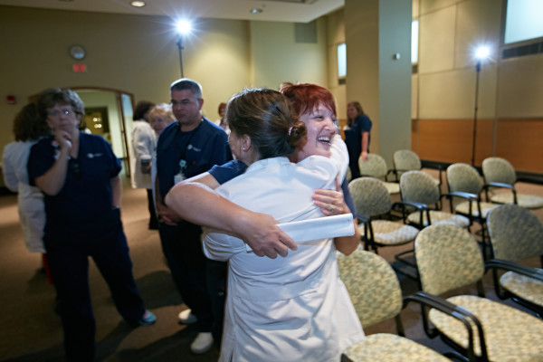 Nurses at Wilmington Hospital react to the news that Christiana Care received Magnet re-designation.