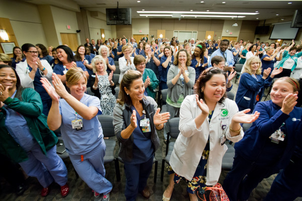 Nurses, leaders and staff pack the John H. Ammon Medical Education Center auditorium to await the phone call with the results of Christiana Care's Magnet re-designation journey.