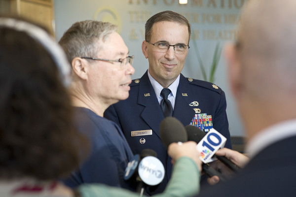 Lt. Col. Barry Orbinati of the Delaware Air National Guard gave Ed Knox, a physician assistant at Middletown Emergency Department, a specially minted “coin of excellence” to remember Knox’s lifesaving actions in November 2014.