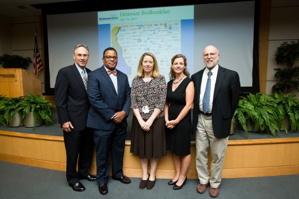 Delaware BioScience Association President Bob Dayton, Eric V. Jackson Jr., M.D., MBA, director of the Center for Health Care Delivery Science at Christiana Care Health System’s Value Institute, Marci Drees, M.D., MS, FACP, DTMH, infection prevention officer and hospital epidemiologist, Heather Bittner Fagan, M.D., MPH, FAAFP, associate vice chair of research, Family and Community Medicine, and William S. Weintraub, M.D., MACC, FAHA, FESC, John H. Ammon Chair of Cardiology and director of the Center for Outcomes Research at the Value Institute.