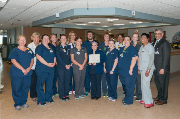 Patient Care Unit 5D earned a Zero Harm Award for achieving 12 consecutive months without a major injury from a patient fall.