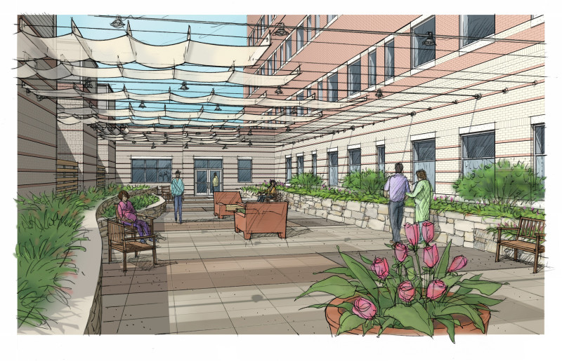 An airy courtyard will provide new space for patients, their families and visitors to relax.