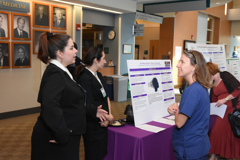 Denise L. Lyons, MSN, APRN, AGCNS-BC, FNGNA, discusses the poster submitted by Amy Shubert and Aimee Fernback titled “The Effects of Music Therapy on Dementia.” Shubert and Fernback are both enrolled in the nursing program at West Chester University. Their poster was voted Best in Show.