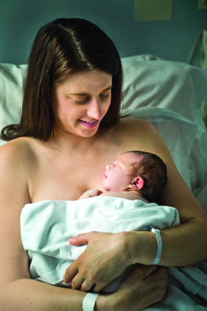Stephanie Forester and baby Logan enjoy bonding time. At Christiana Care, mother-baby bonding begins immediately following birth, when the labor and delivery nurse gives the baby to the mother to hold on her bare chest, skin-to-skin.