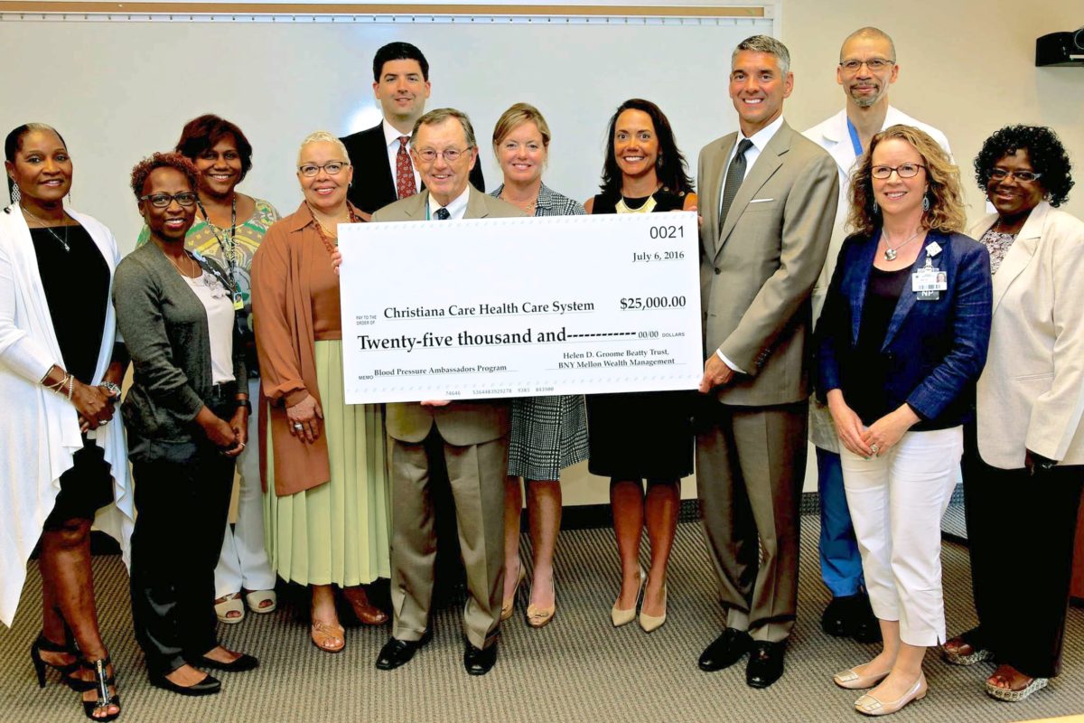 Representatives from BNY Mellon Mid-Atlantic Charitable Trust presented a gift to support Christiana Care Health System’s community-focused Blood Pressure Ambassadors program to leaders from Christiana Care’s Center for Heart & Vascular Health and several Blood Pressure Ambassadors.