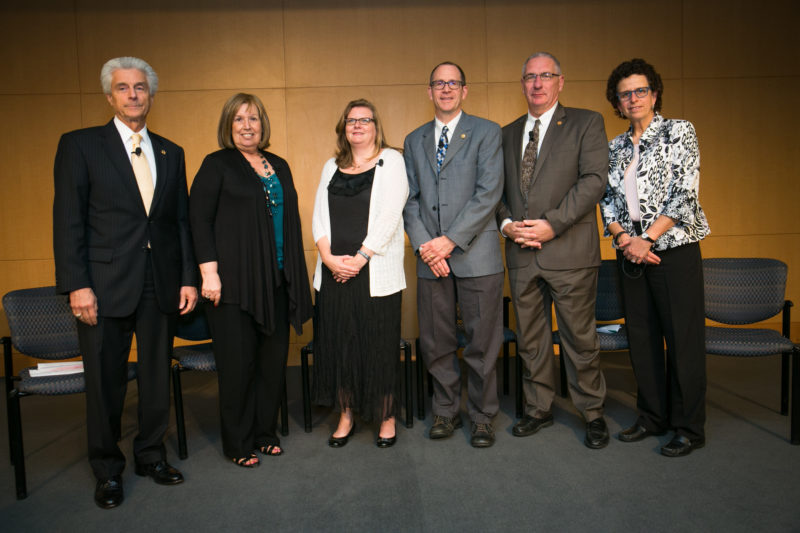 Panelists at the Delaware Cancer Moonshot Summit included Nicholas J. Petrelli, M.D., Linda Larrimore, Jennifer Sims-Mourtada, Ph.D., Gregory A. Masters, M.D., Eric Kmiec, Ph.D., and Anne E. Kazak, Ph.D.