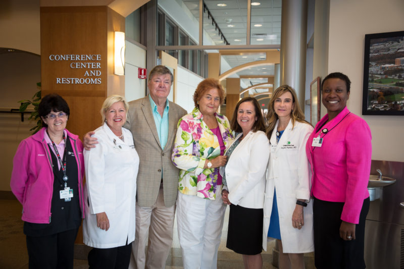 The Breast Center is one of the first facilities in the U.S. to offer tomosynthesis. Gerret and Tatiana Copeland visited the Graham Cancer Center to see the new units with Joanne Antonio, RN, CBEC, Diana Dickson-Witmer, M.D., FACS, medical director of the Breast Center, Christiana Care President and CEO Janice E. Nevin, M.D., MPH, Jacqueline Holt, M.D., chief of breast imaging, and Lola A. Osawe, MHSA, FACHE, FACMPE, administrative director.