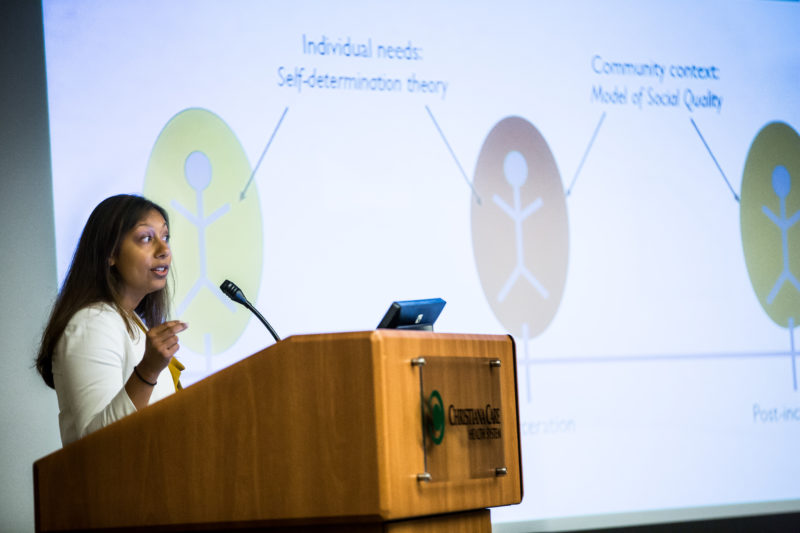 Brita Roy, MD, MPH, MHS, Assistant Professor, Section of General Internal Medicine and Director of Population Health for Yale Medical Group and Yale University School of Medicine, speaks at the "Transforming Healthcare through the Lens of Post-incarcerated Patients" symposium.