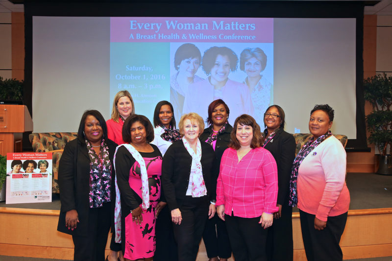 The Every Woman Matters committee included individuals from local organizations including several sororities. Front: Tanya Robinson, Sigma Ganna Rho Sororiety, Inc.; Styna LeCompte, Alpha Kappa Alpha Sorority, Inc.; Nora C. Katurakes, Helen F. Graham Cancer Center & Research Institute; Melissa Donovan, Graham Cancer Center. Back: Allison Gil, American Cancer Society; Shealese P. Russell-Reams; Renitia Pulliam, Delaware Clinincal & Laboratory Physicians, PA and and Zeta Phi Beta Sorority, Inc.; Danielle Brown, Graham Cancer Center and Zeta Phi Beta Sorority, Inc. and Monica Moore, Delta Sigma Theta Sorority, Inc.