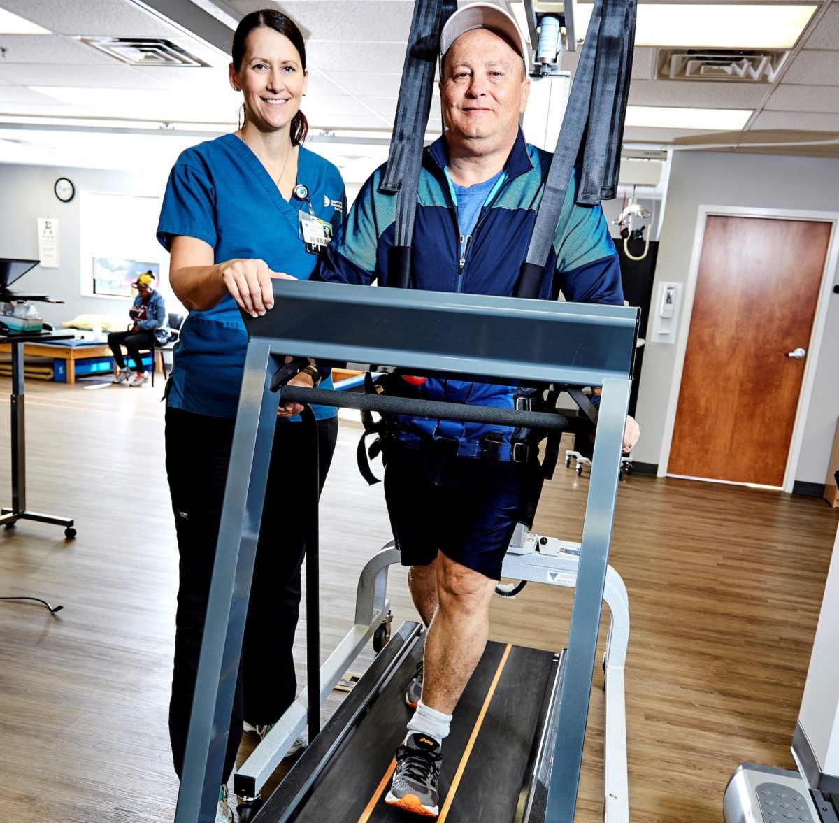 Stacy Gandia, MPT, with patient Stephen Woodward, who enrolled in the PROWALKS study