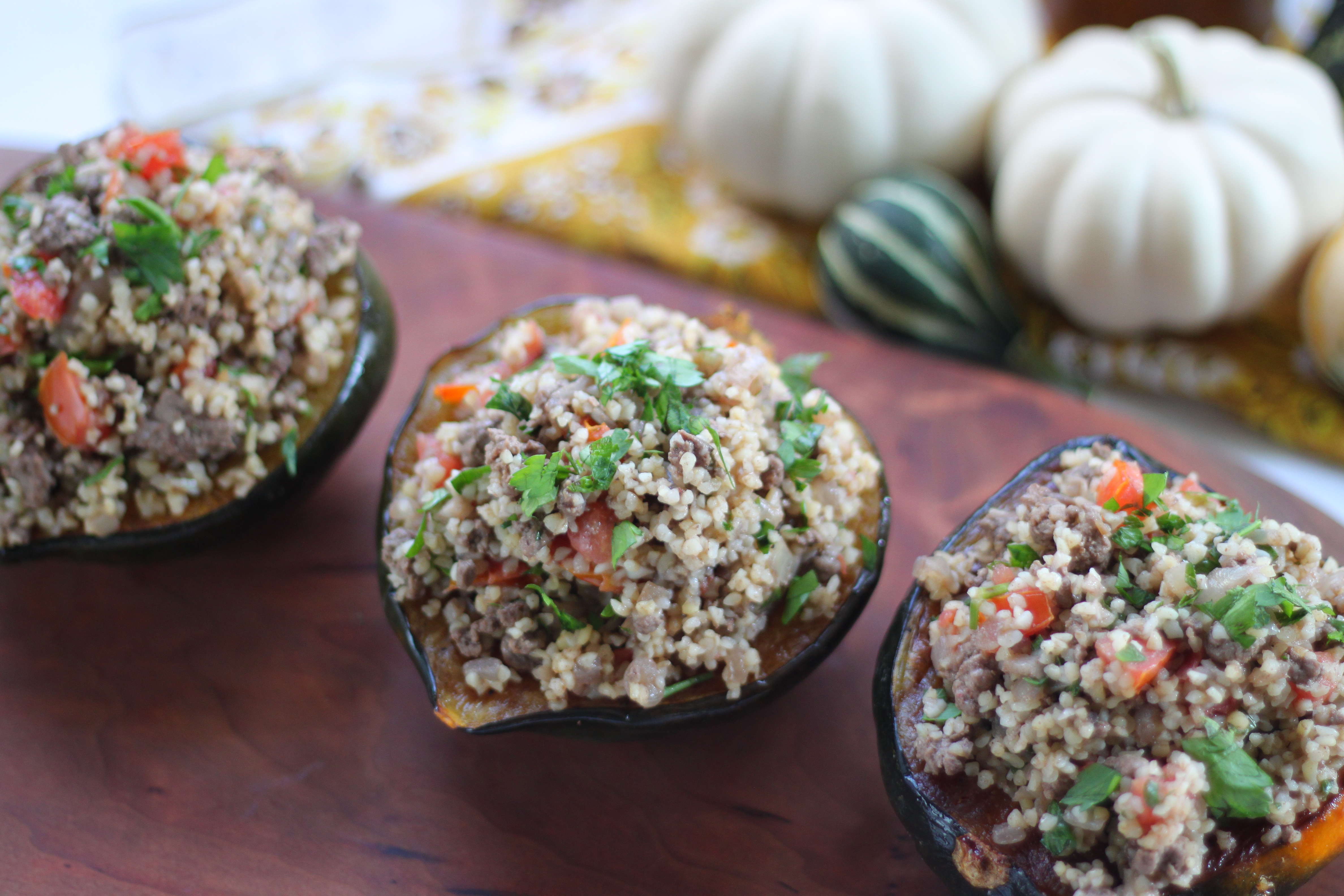 Mediterranean Lamb and Bulgur Stuffed Acorn Squash